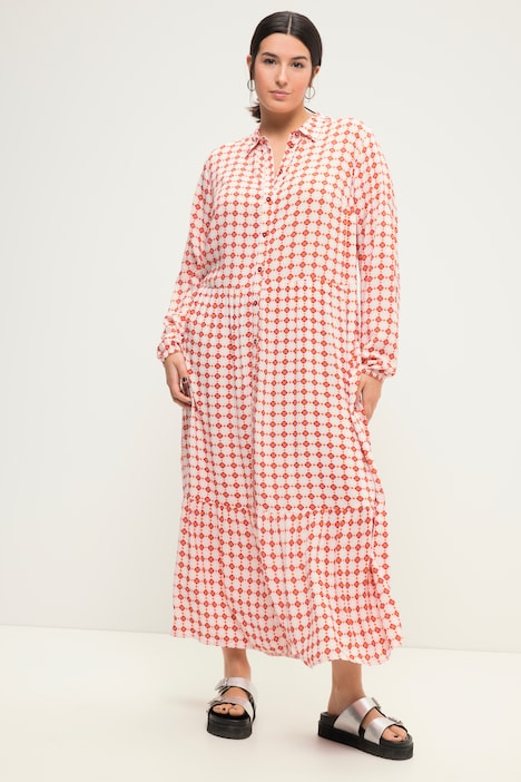 Maxikleid, A-Line, Krawattenprint, Hemdkragen, Langarm