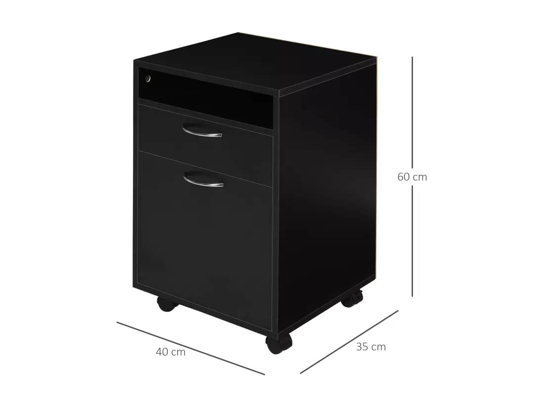 HOMCOM Caisson de bureau rangement bureau sur roulettes tiroir placard niche panneaux particules noir
