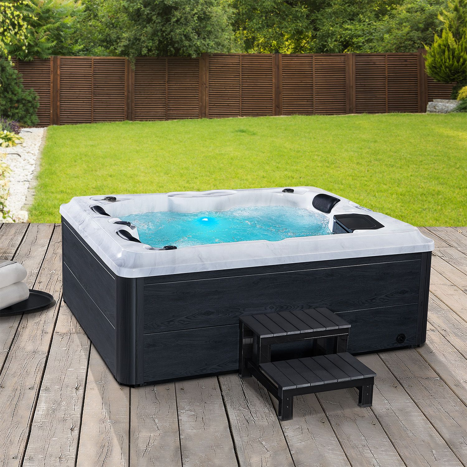 Artsauna Outdoor Whirlpool Oasis mit Treppe - Massagedüsen, LED Licht, Filter, Abdeckung & Heizung