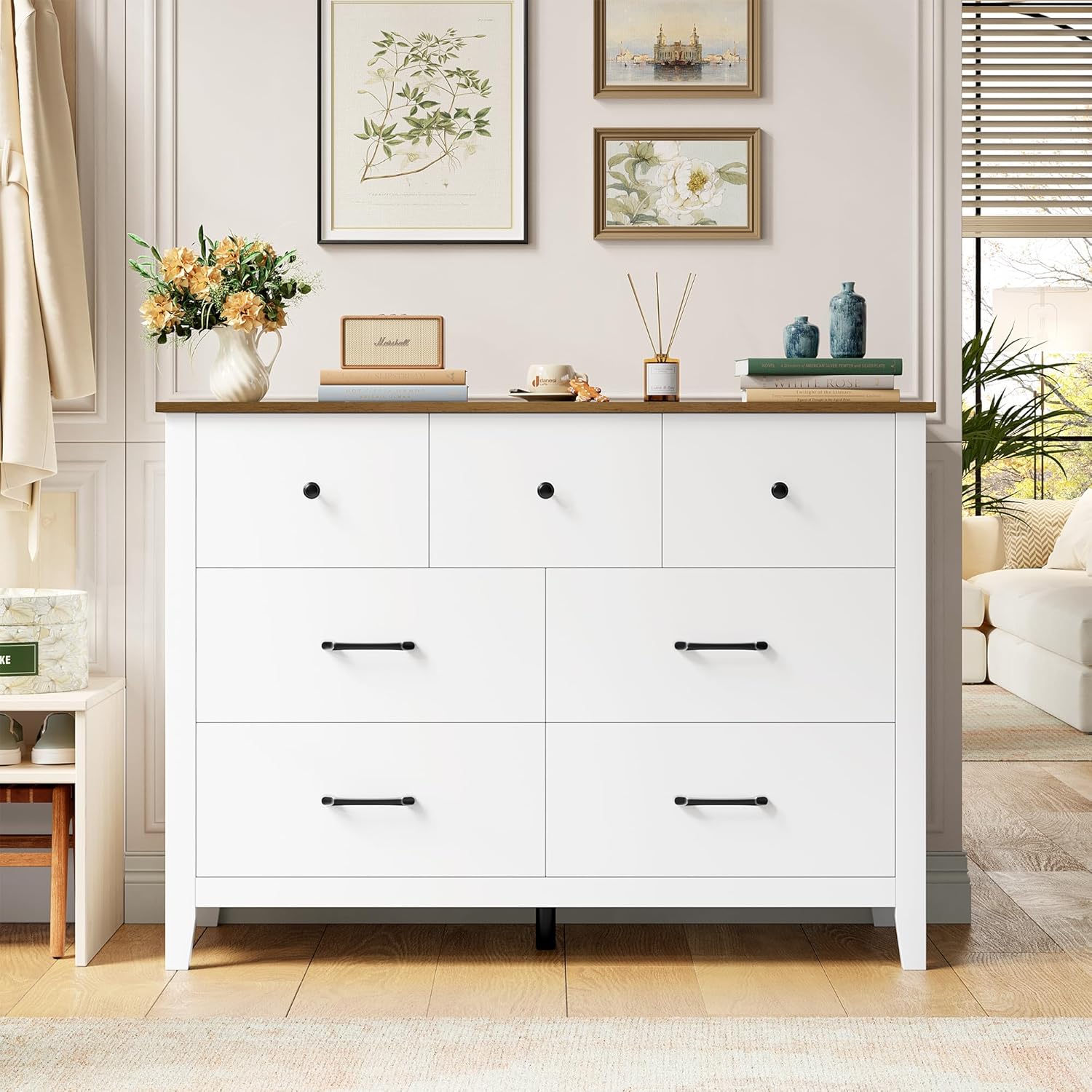 HOCSOK Kommode Weiß mit 7 Schubladen, Kommode mit Aus Holzplatte, Komodenschrank für Schlafzimmer Wohnzimmer Jugendzimmer Flur und Büro, 106x40x81 cm