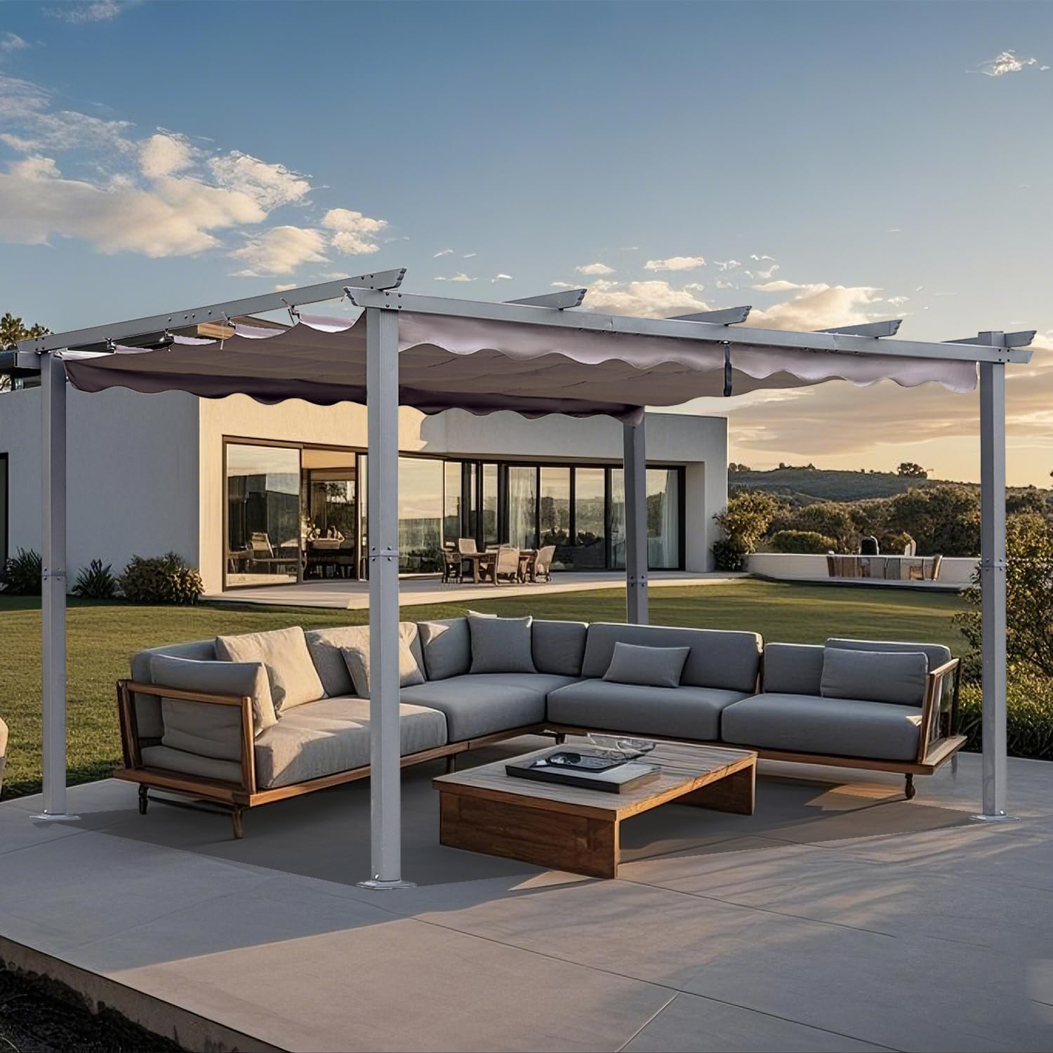 Garten Pergola 3 x 4 m Pavillon Gartenpavillon aus Aluminium in anthrazit,Dachrohre aus Stahl,Verstellbares Dach aus Polyester UV Beschattung Grau