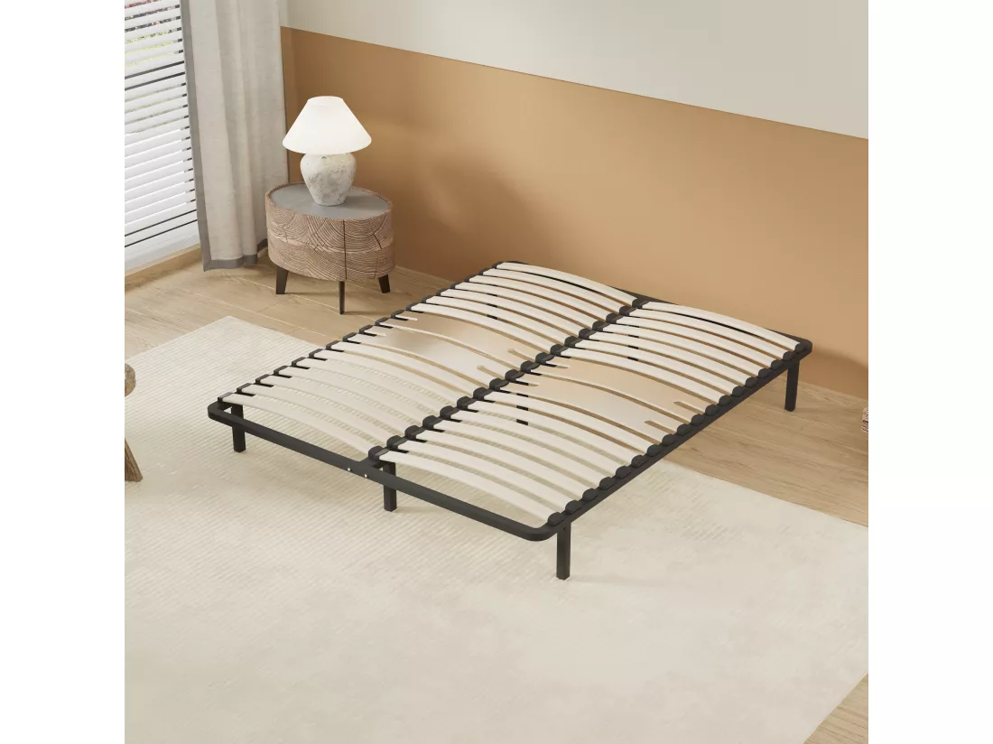 Cadre à lattes en bois 140x190 cm – cadre en acier et lattes en bois – 7 pieds hauteur 25cm – renfort lombaire