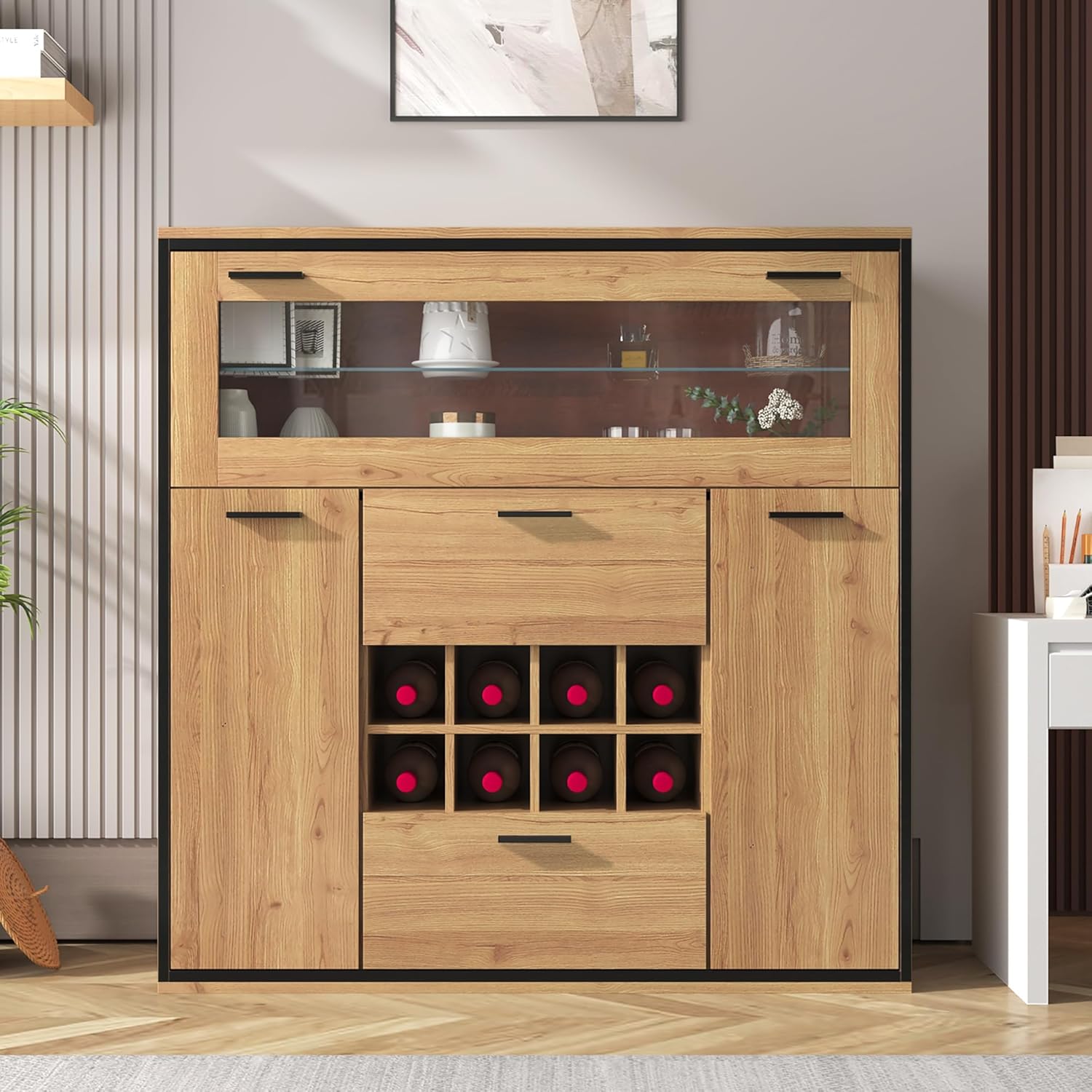 SACOOL Sideboard Eleganter Weinschrank mit Doppeltüren Glasregal und Weinhalterung - Perfekte Aufbewahrung in einem stilvollen
