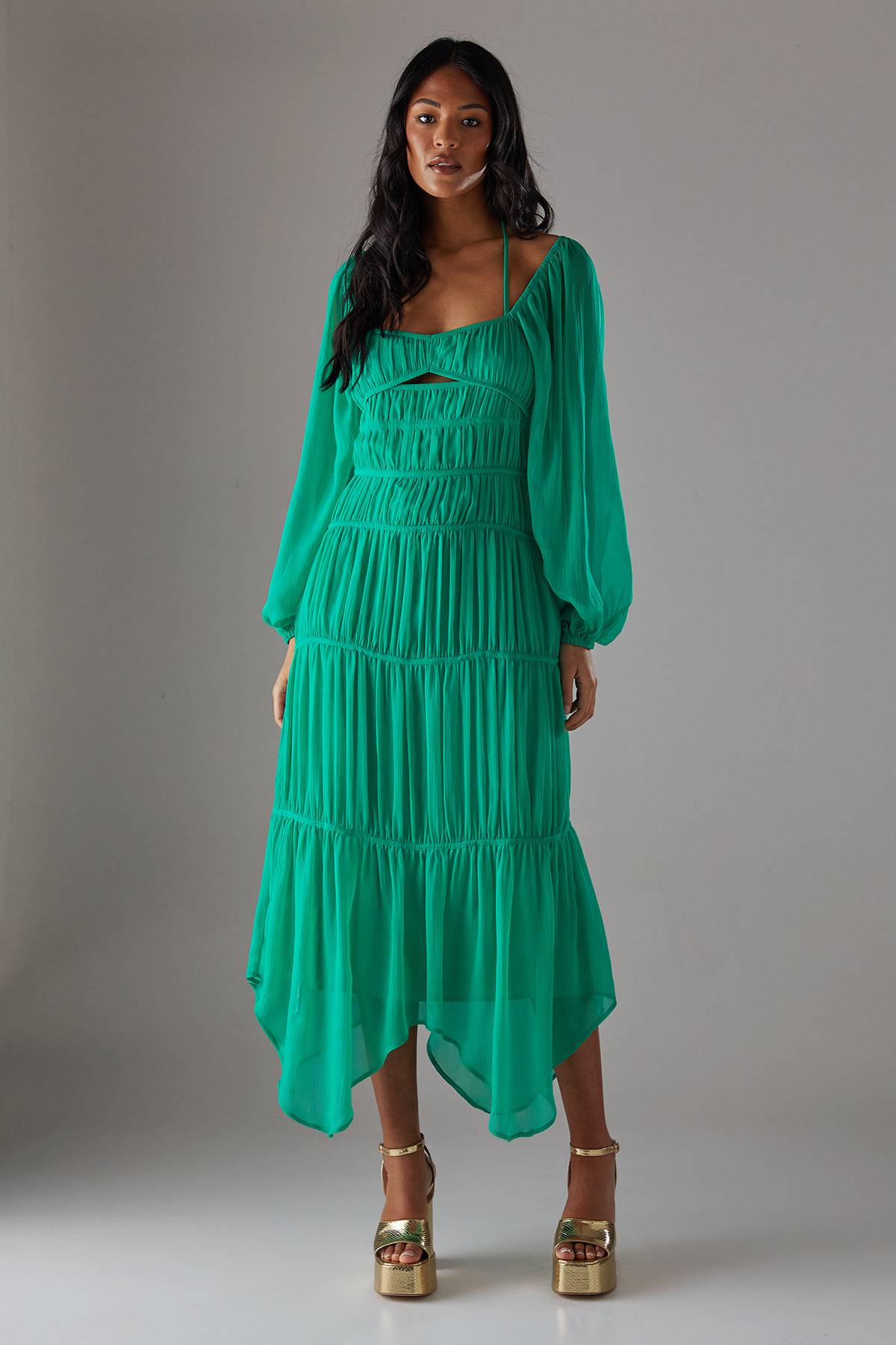 Warehouse Robe Midi En Mousseline À Col Licou Noué Avec Coutures Froncées Et Ourlet Mouchoir