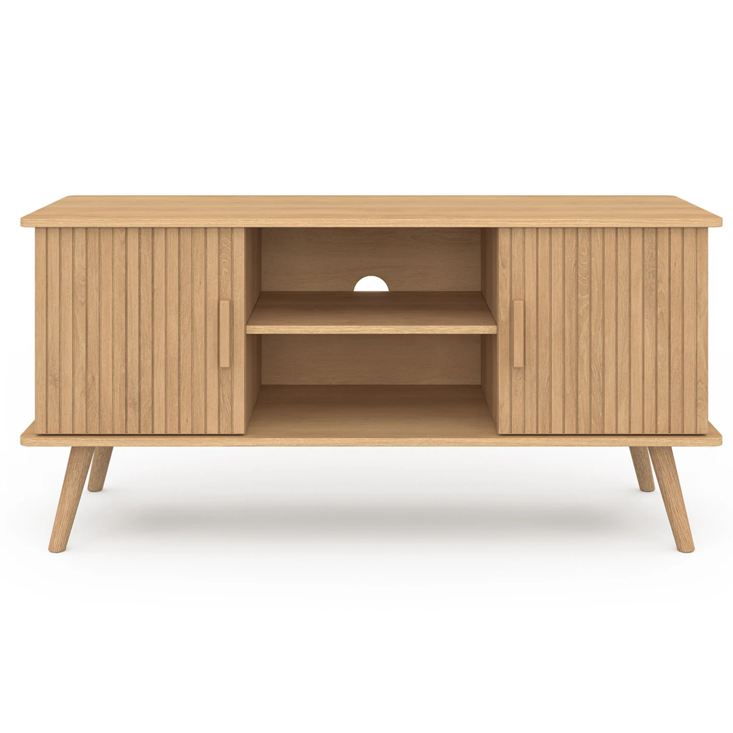Meuble TV 110 cm JULIETTE 2 portes lattes tasseau bois coloris chêne