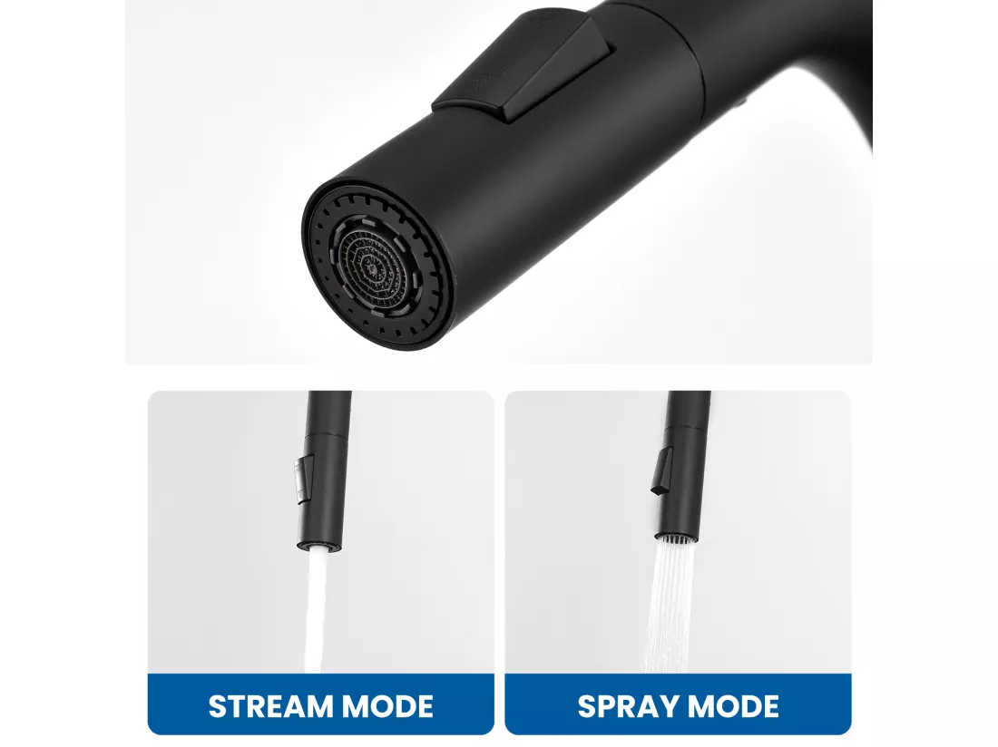 AuraLum Max Robinet de Cuisine,Mitigeur Cuisine avec Douchette Extractible,Bec Haut,Inverseur 2 jets (Laminaire/Pluie),Rotation 360°, Noir,EU Modèle
