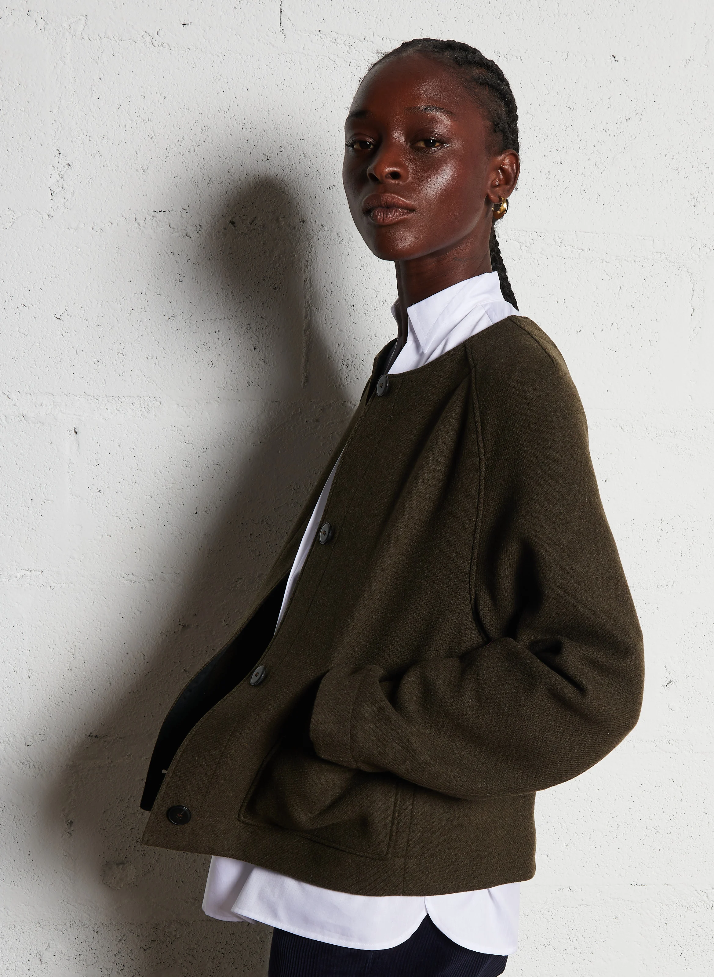 Veste courte à col rond en laine mélangée | Vert