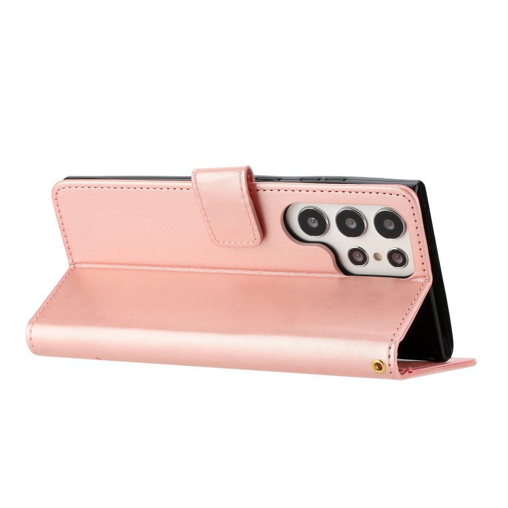 Samsung Galaxy S23 Ultra 5G Leder Tasche mit Kartenfach   Handschlaufe Butterfly Flowers - Roségold