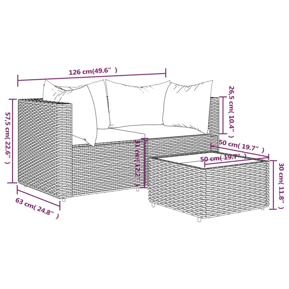 vidaXL - Loungeset - Bruin - Poly rattan - 3 stuks - Met kussens