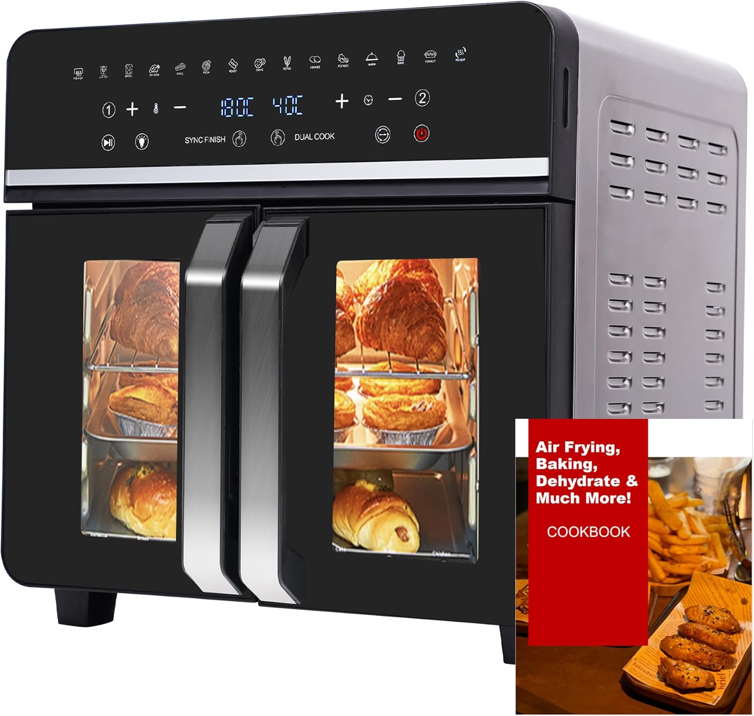 23L Heißluftfritteuse Minibackofen Air fryer, Emphsism Dual Zone Heissluftfritteuse XXL Oven 1800W mit LED-Touchscreen 15 Programmen, mit Rezeptbuch, 11 Zubehöre