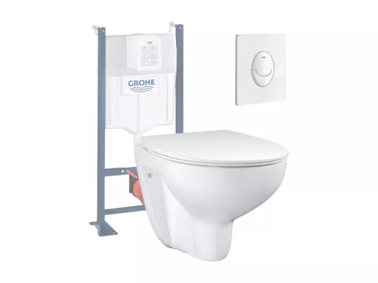 Pack WC sans bride Bau Ceramic Slim + abattant + Bati support autoportant + Plaque commande ovale blanc