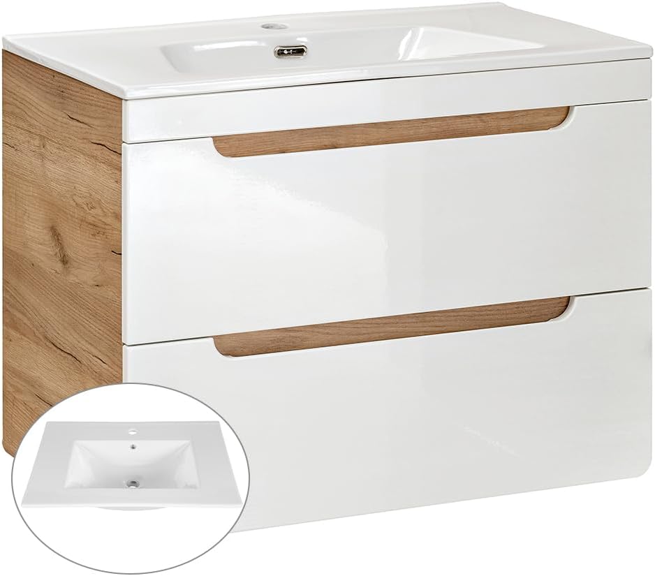 Lomadox Badezimmermöbel Set 80 cm Waschtisch & LED-Spiegelschrank, Hochglanz weiß Wotan Eiche Nb., Hochschrank, 3 Hängeschränke