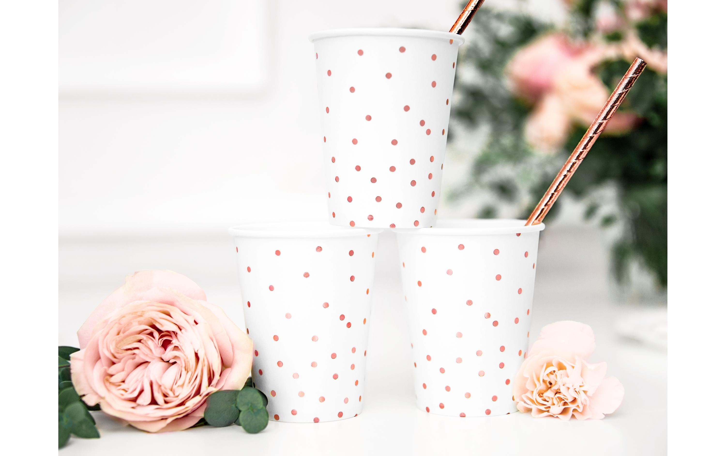 Einwegbecher Punkte 260 ml, 6 Stück, Rosegold/WeissPappbecher für Partys