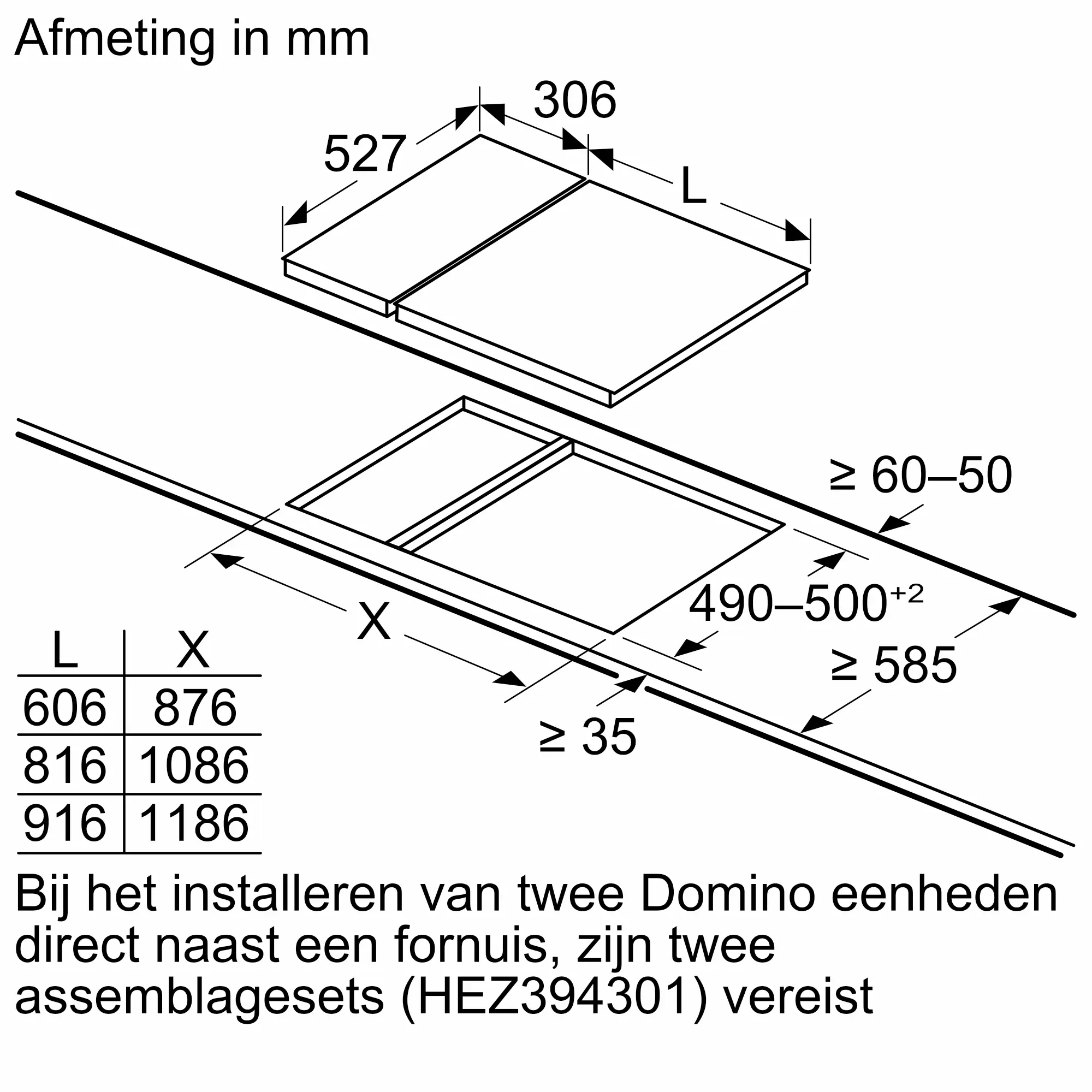 Serie 6 Domino kookplaat, inductie 30 cm opbouwmontage met rand