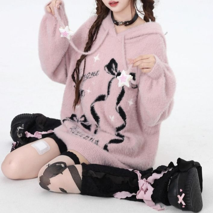 Rosesand - Trui met lange mouwen, strik en letterprint en losse capuchon