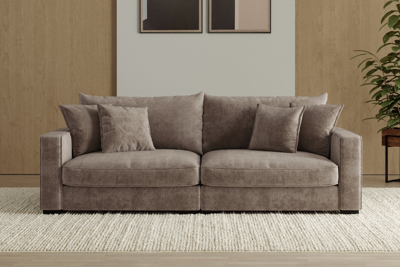 Rossi Lux 3-seter sofa Tekstil Genesis 6 Mink, arm B med sorte ben. Lux Komfort.