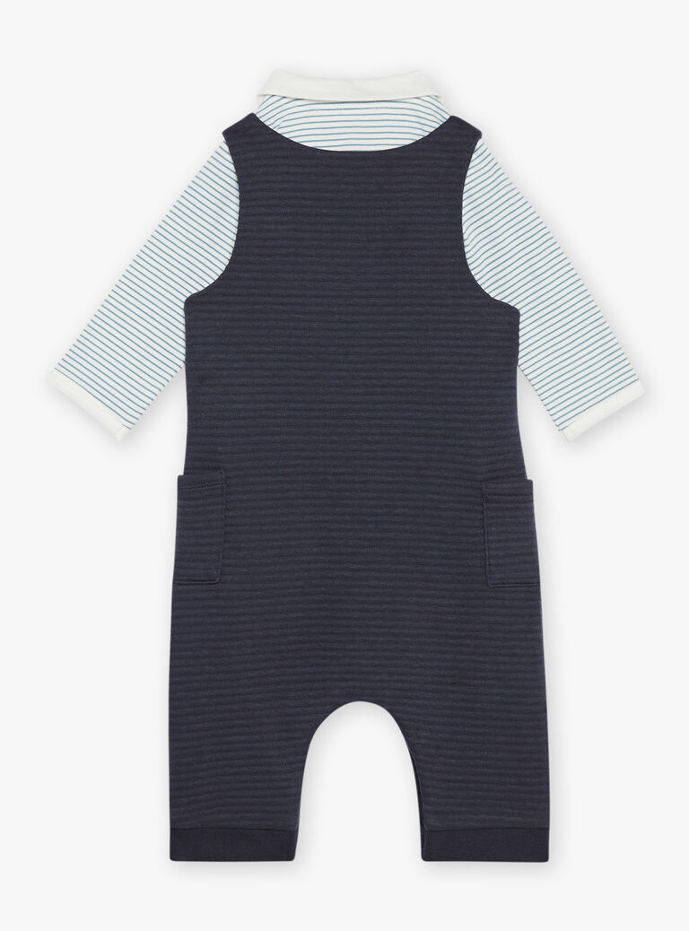 Body polo bleu et écru, salopette bleu nuit et chaussettes bleues