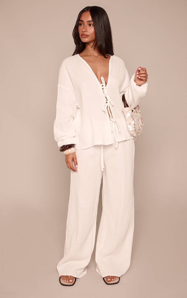 Blanc Chemise Petite À Texture Gaze De Coton Avec Nœud Devant Coordonné