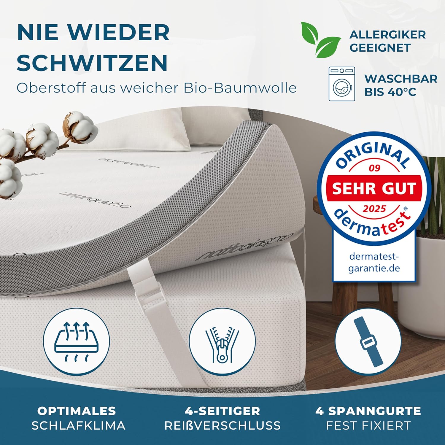 Premium Gel Topper 180x200cm | Hohes RG 50 & H2/H3 | wolkenweicher 7-Zonen Matratzentopper 180x200cm | Oberstoff aus 100% Bio-Baumwolle | 7cm Matratzen Topper 180x200 | Luxus Matratzenauflage