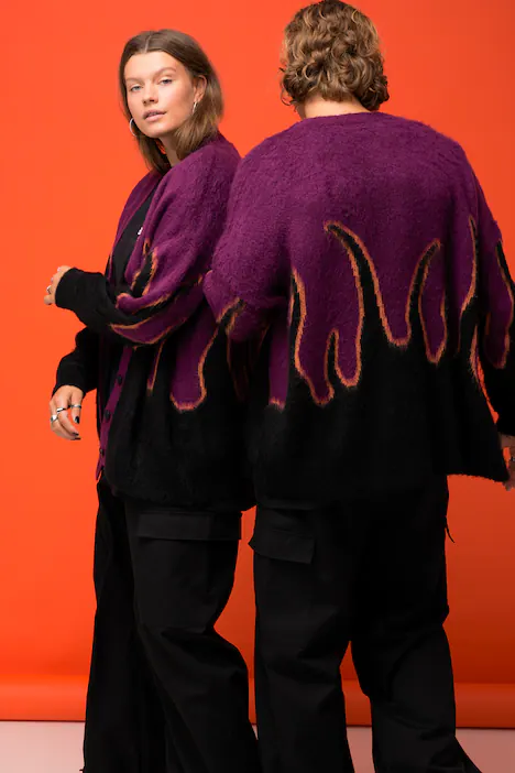 Strickjacke, oversized, Flame-Abschlüsse, V-Ausschnitt, Langarm, Unisex, traube