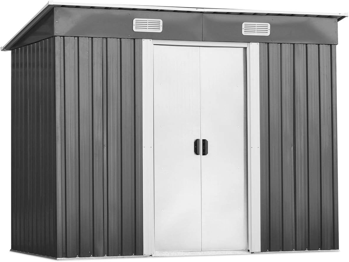 COSTWAY Gerätehaus Metall, Gartenhaus mit 2 Schiebetüren, Geräteschuppen Outdoor, Garten Schuppen mit Pultdach, Gartengerätehaus Geräteschrank, 238x131x181cm, Grau