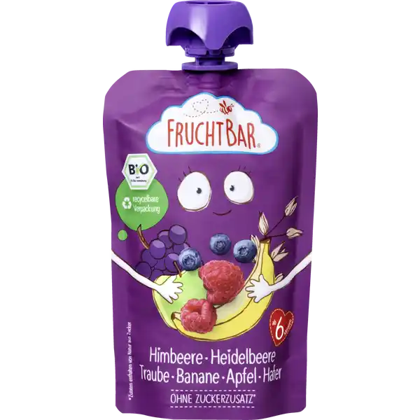 Bio Fruchtpüree Himbeere, Heidelbeere, Traube, Banane, Apfel & Hafer