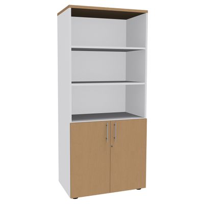 Bibliothèque IDRA/DUAL avec 2 portes basses - L80 x H180 x P47 - Corps blanc - Portes et dessus imitation Hêtre