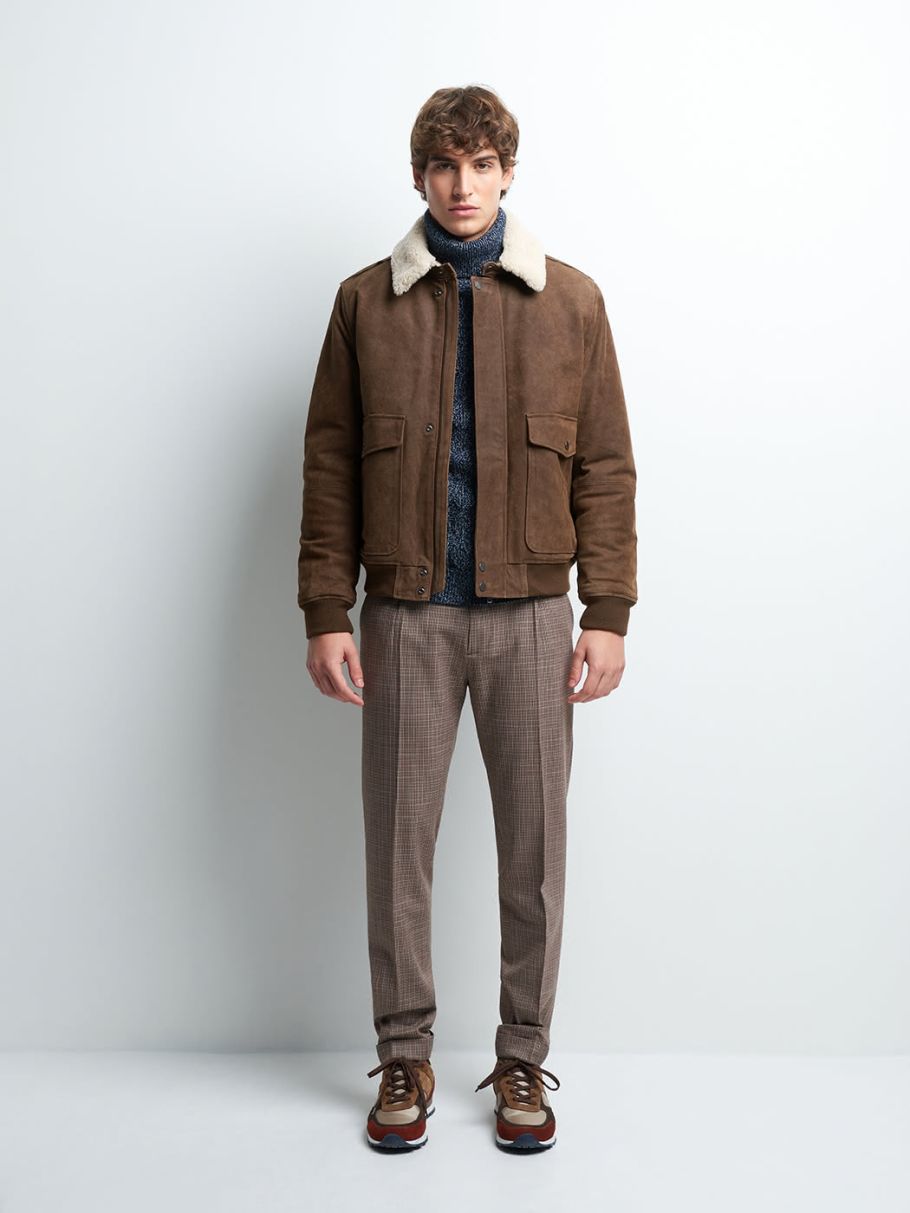 Blouson en cuir col sherpa