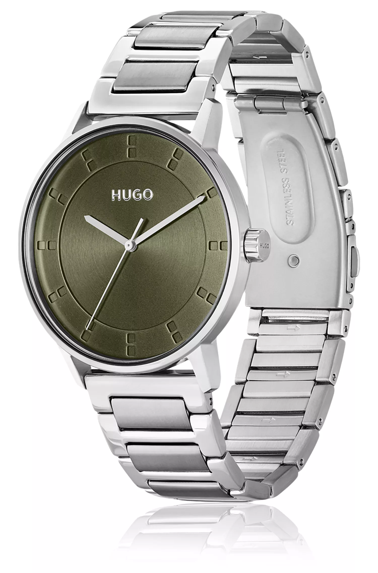 Relógio HUGO com pulseira de elos vermelhos e mostrador verde-oliva.