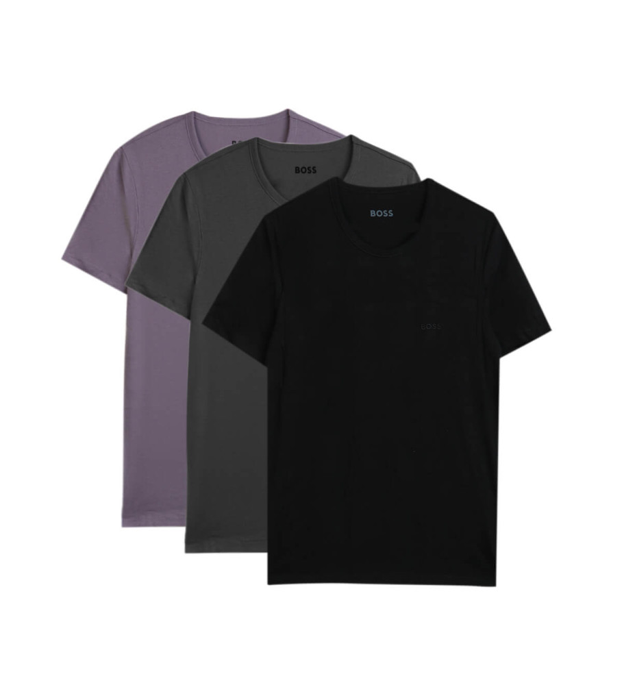 Conjunto de três camisetas BOSS: preta, cinza e lilás.