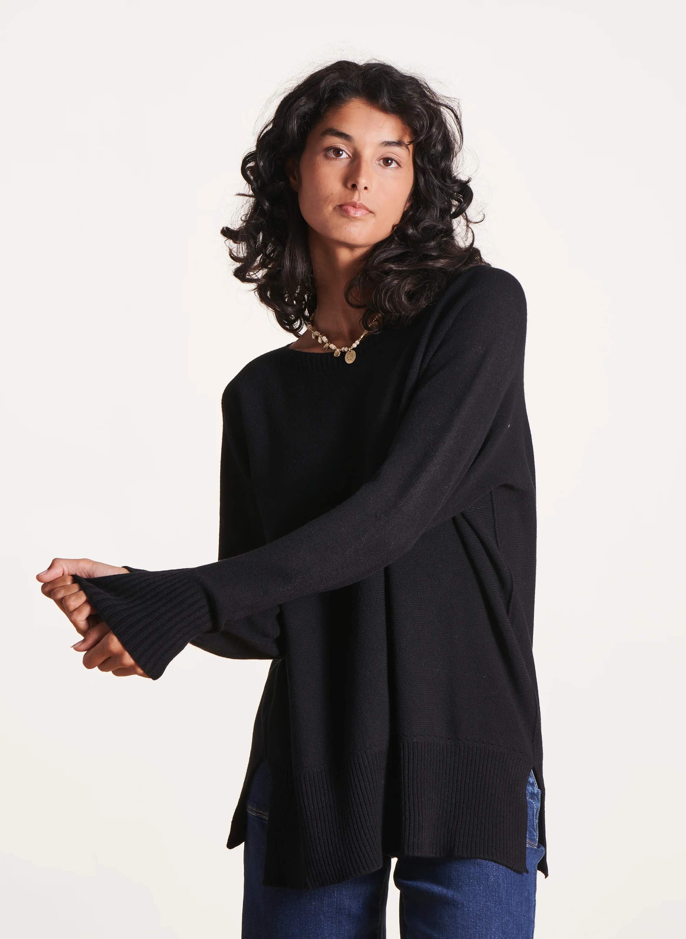 Pull col bateau ample en maille | Noir