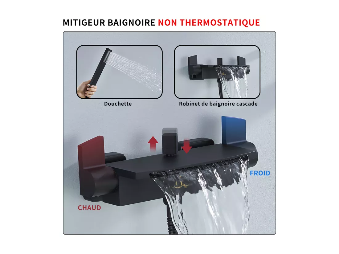 Mitigeur de Baignoire Cascade Robinet de Baignoire Mural avec Douchette à Main et Flexible de douche 1,5M, Laiton Noir Mat