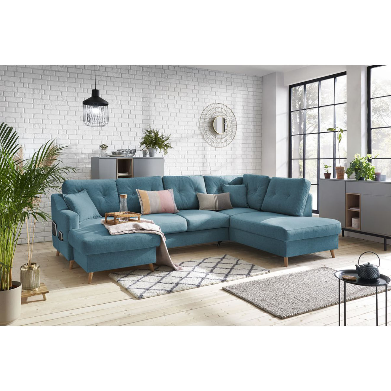 Bobochic Canapé d'angle panoramique convertible gauche Sweden bleu clair - 300x149/90/198x95 cm