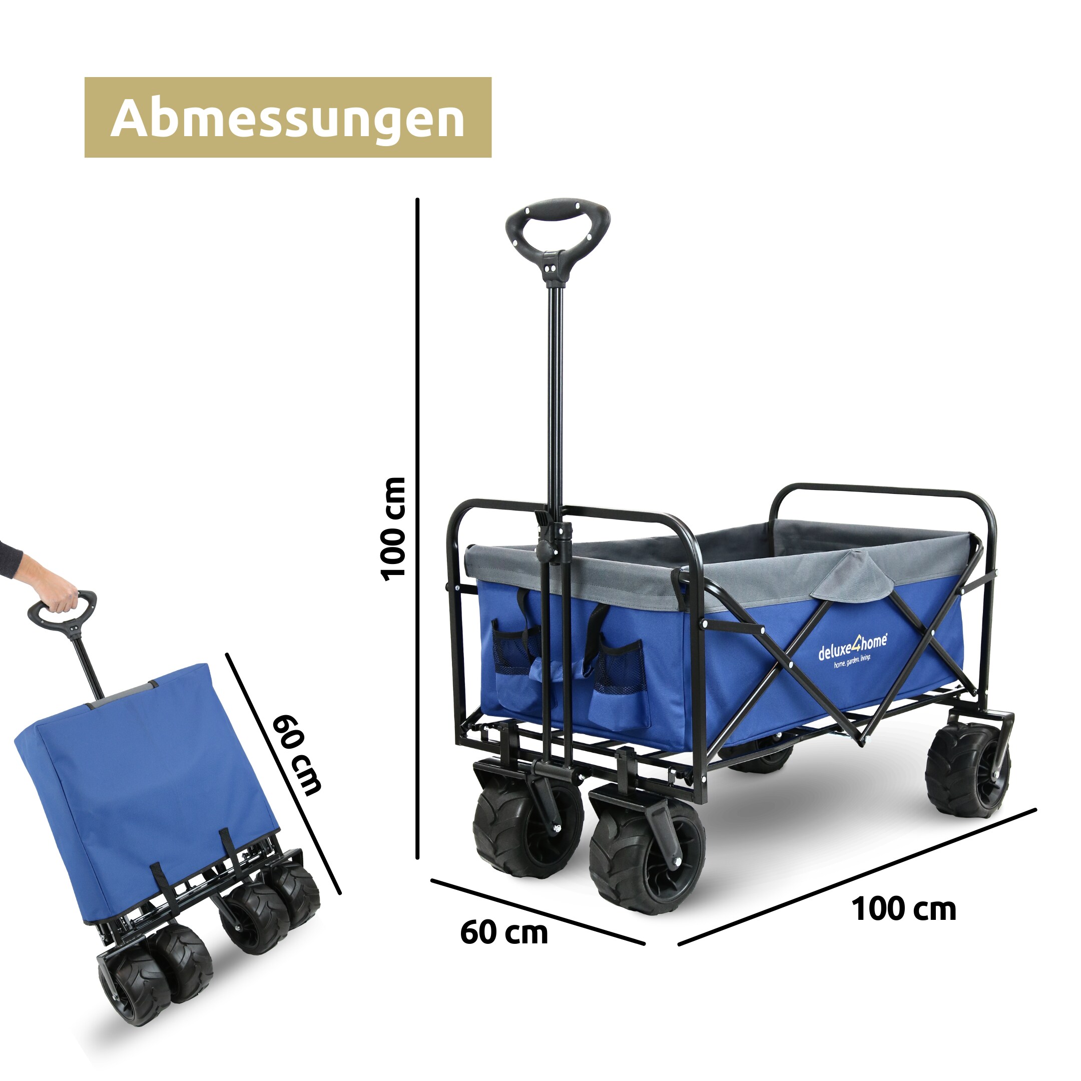 deluxe4home® Bollerwagen mit breiten Reifen | Blau/Grau
