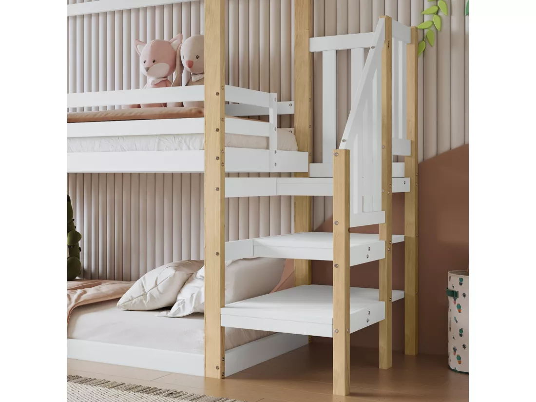 Lits superposés cabane avec escaliers d'angle et clôtures - 2 x 90 x 200 cm - double certifié FSC et EN747 - Pin - Blanc
