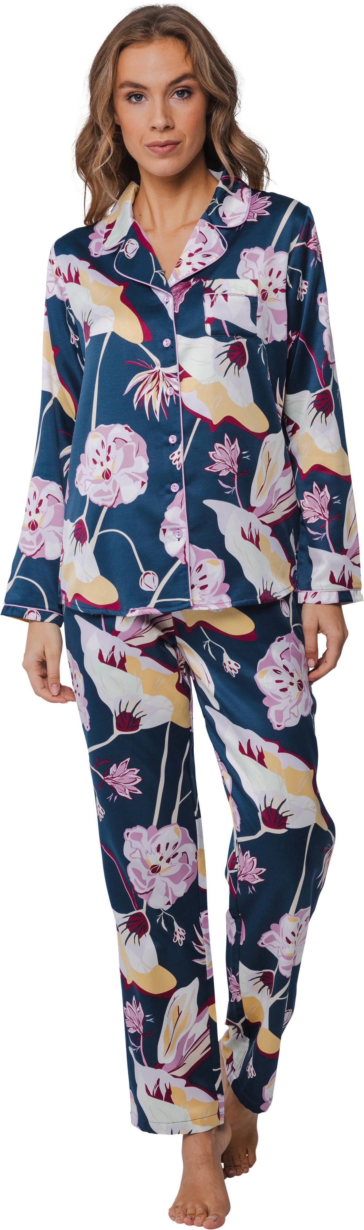Pastunette satijnen pyjama donkerblauw/roze