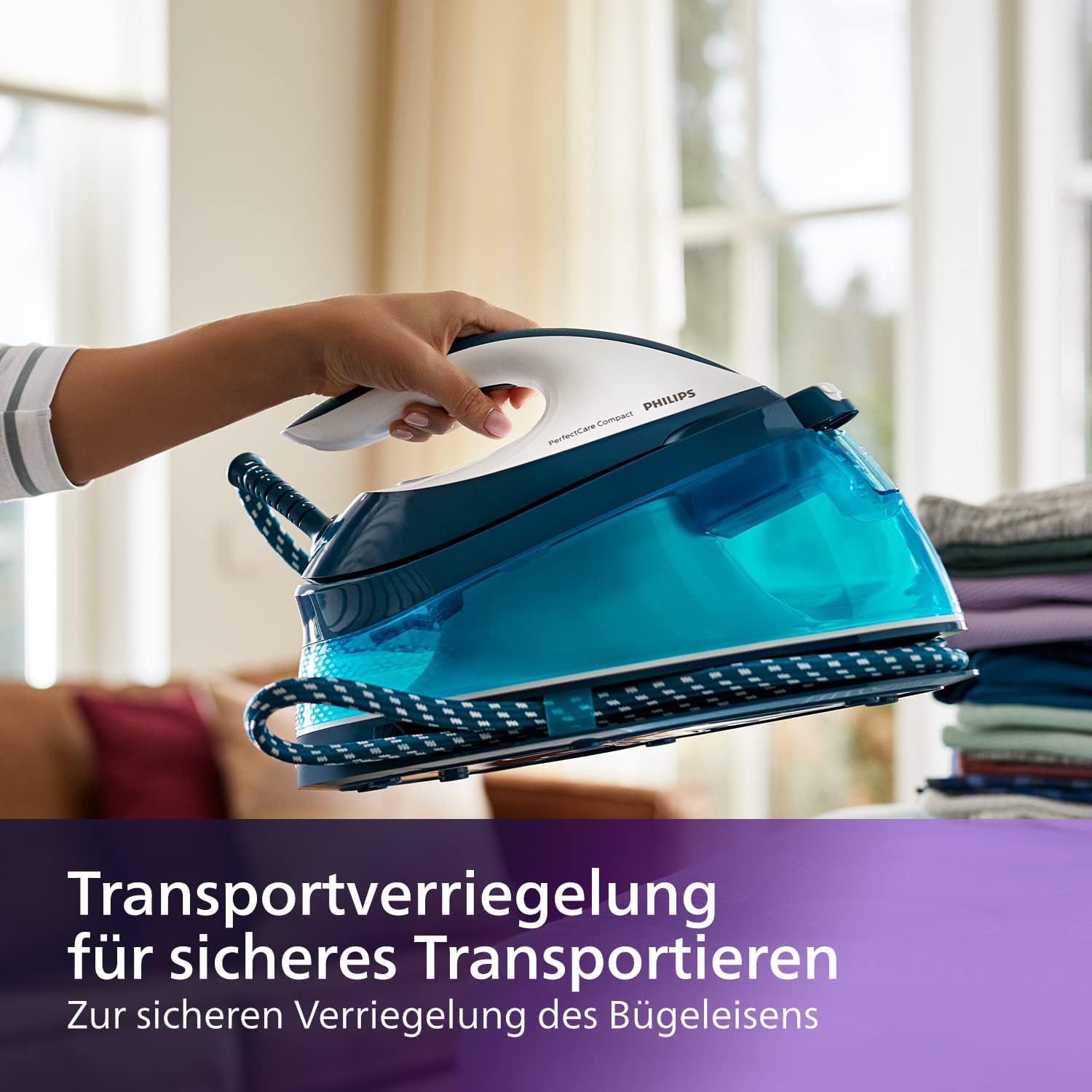 Philips Domestic Appliances Perfect Care Compact Dampfbügelstation - OptimalTemp Technologie, 120 g/min Dauerdampf, 2400 Watt, 6,5 bar Druck, 1,5 L Wassertank, SteamGlide Bügelsohle, Blau (GC7844/20)