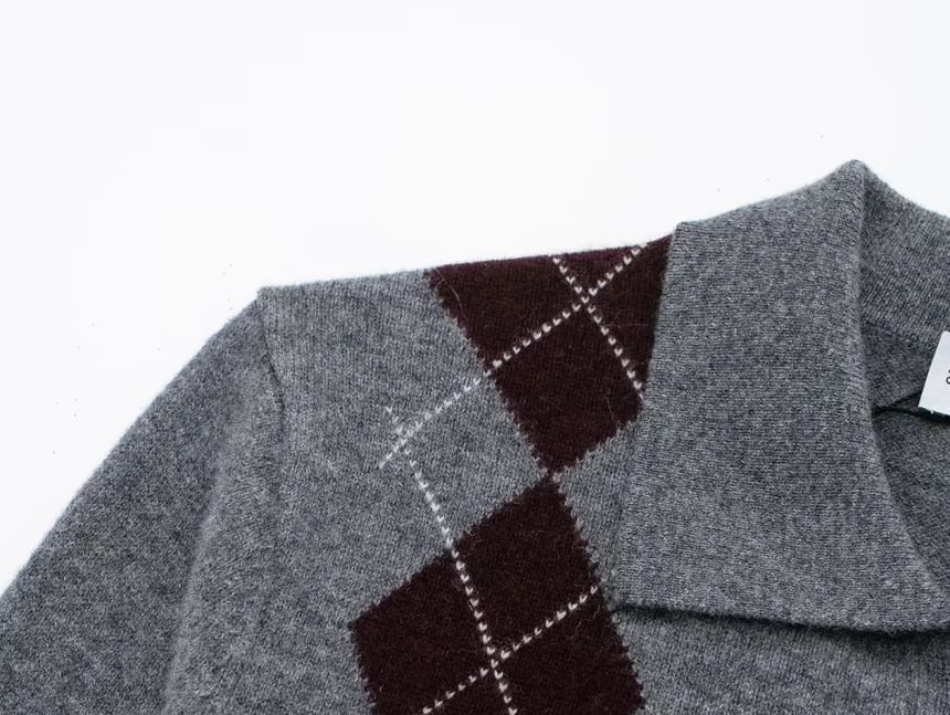 Omelia - Argyle Print Polo-hals Knoopsluiting Cardigan