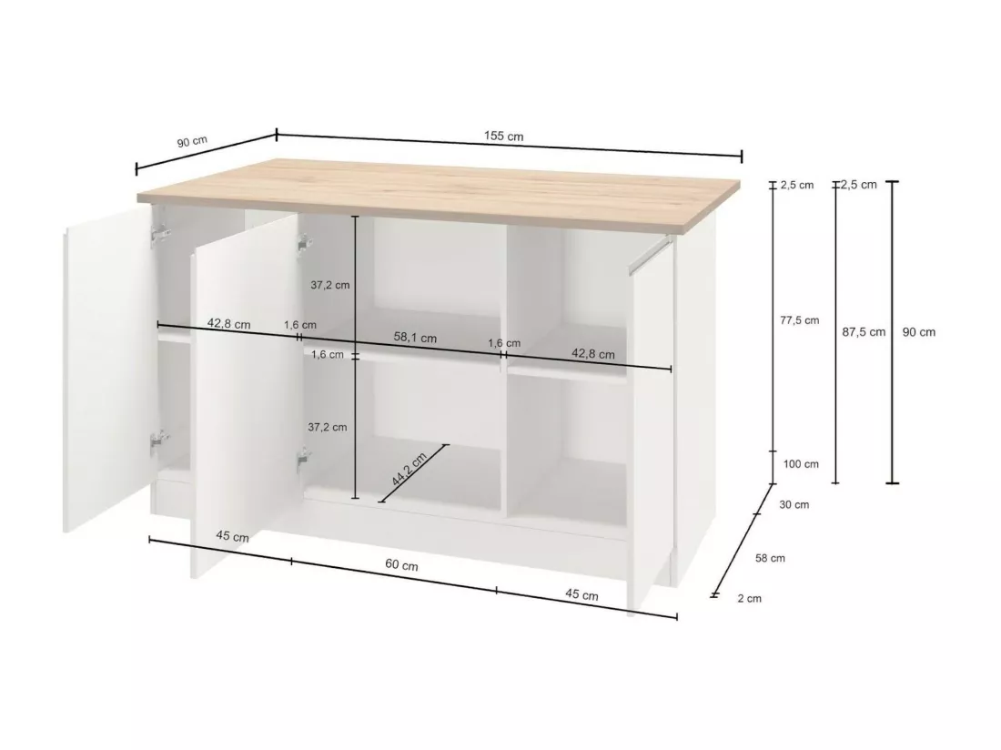 Îlot de cuisine Dcarnelo, Armoire polyvalente, Meuble de kitchenette, Table auxiliaire, 100% Made in Italy, 155x90h90 cm, Anthracite et Chêne