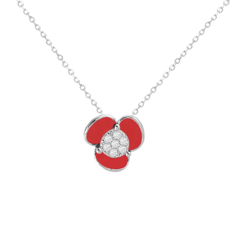 Collier fleur en argent rhodié avec émail rouge et oxydes de zirconium