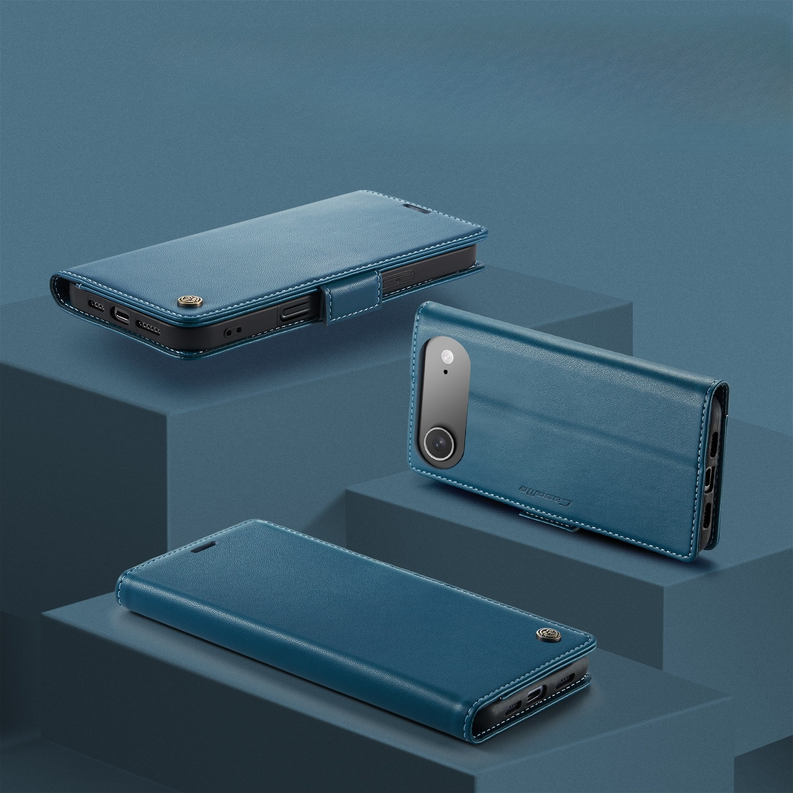 iPhone Air Leder Tasche Flip Wallet Etui mit Kartenfächern Litchi Look (RFID Schutz) - Blaugrün
