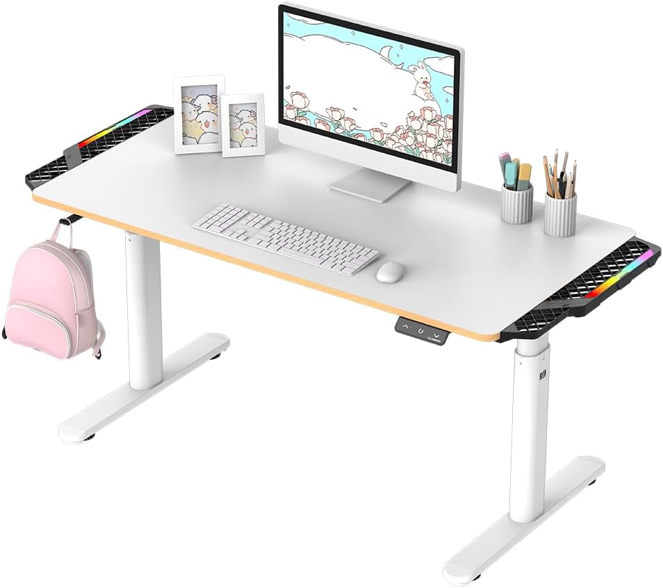 ULTRADESK - Pulsar Kinderschreibtisch Höhenverstellbar - Höhenverstellbarer Schreibtisch - 136x60x55-81cm - Computertisch für 2 Monitore - für Kinderzimmer, Jugendzimmer - Weiß, mit LED