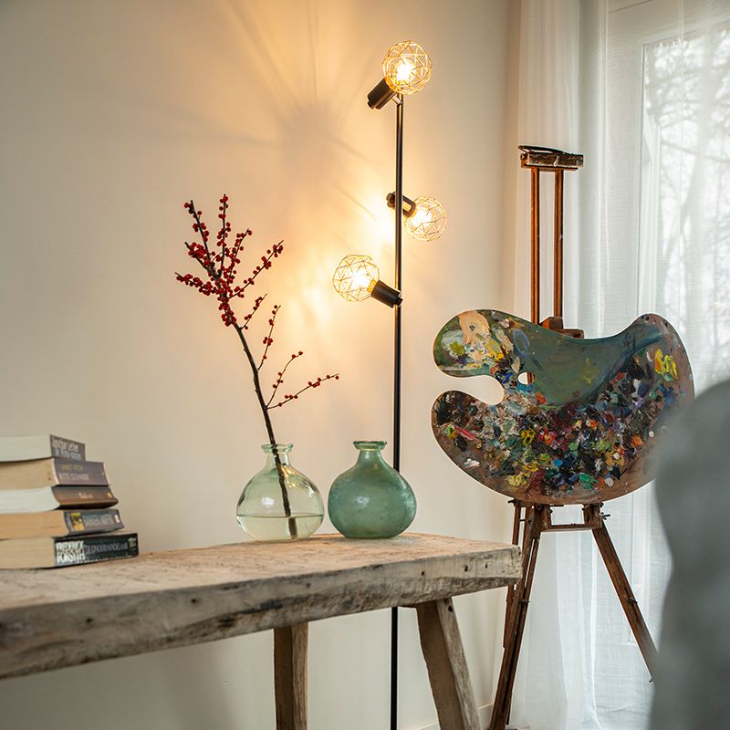 Vloerlamp zwart met koper 3-lichts - Mesh