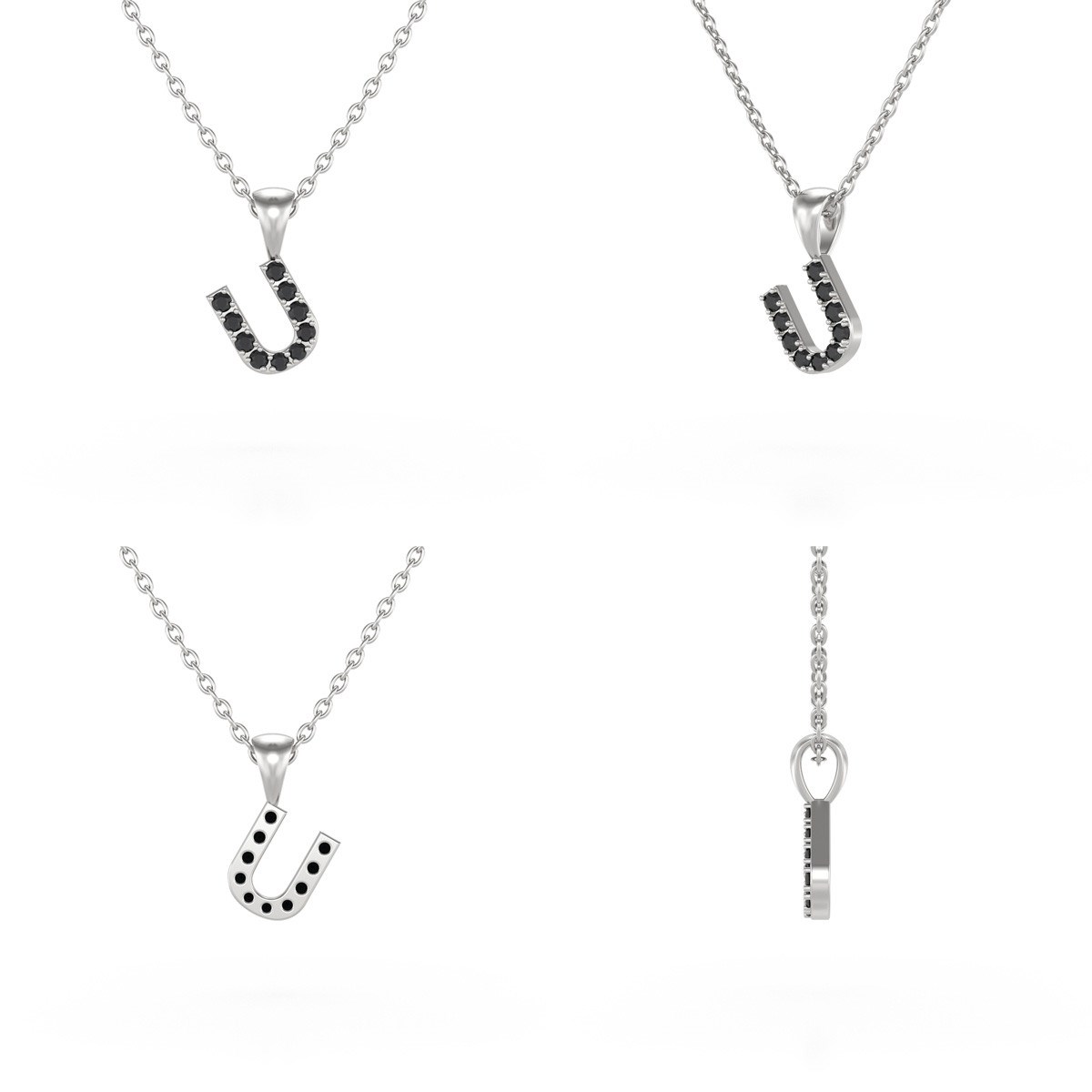 Collier Pendentif ADEN Lettre U Diamant Noir Chaine Argent 925 incluse 0.72grs