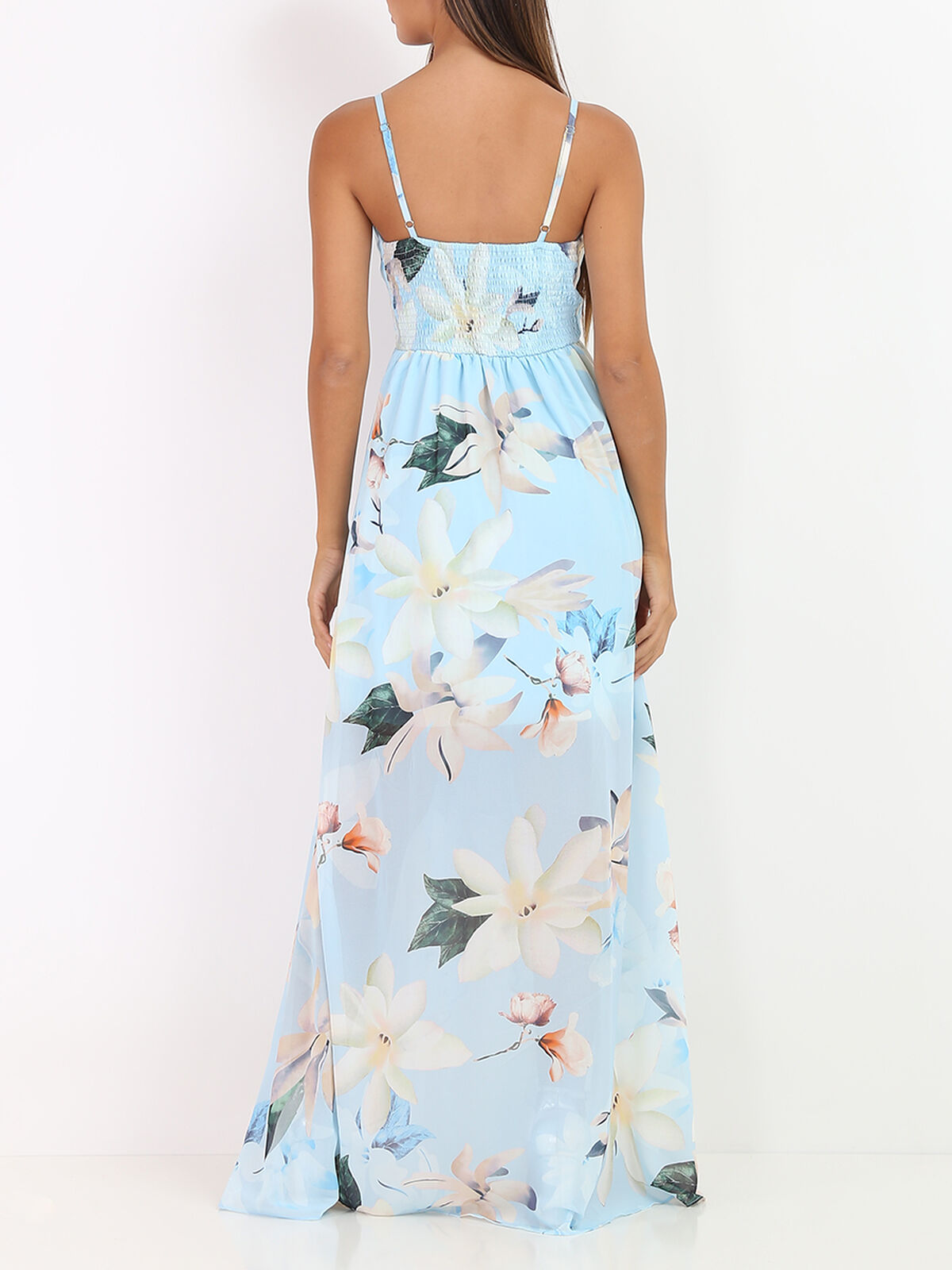 Robe longue fendue asymétrique à fleurs- Bleu clair