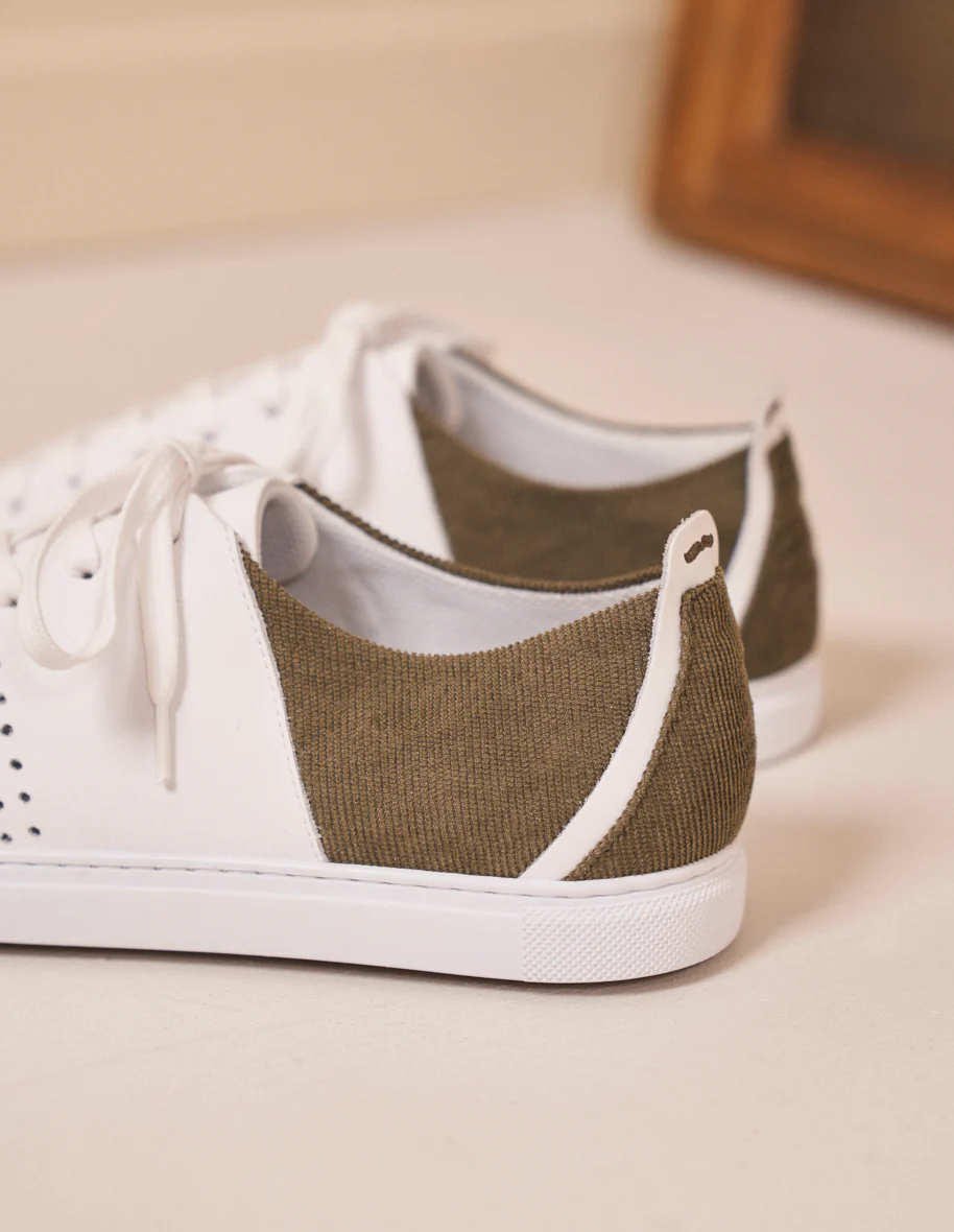 Baskets basses René - Cuir vegan blanc et velours kaki