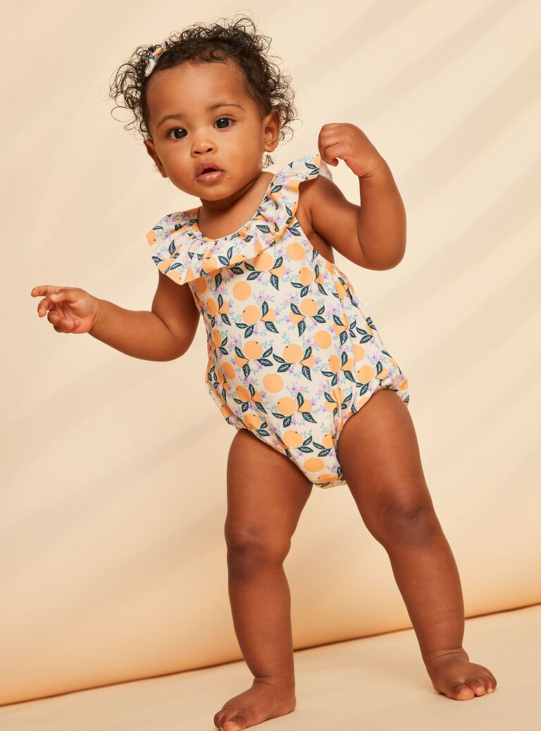 Maillot de bain 1 pièce orange et bleu à imprimé clémentines