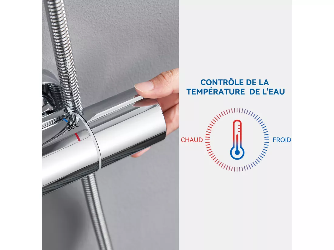 Auralum max Colonne Douche Thermostatique Chromé,Hauteur Réglable,Douchette avec 3 Jets D’eau+Ensemble Salle Bain Accessoire 6 Pièces,Inox,Brossé