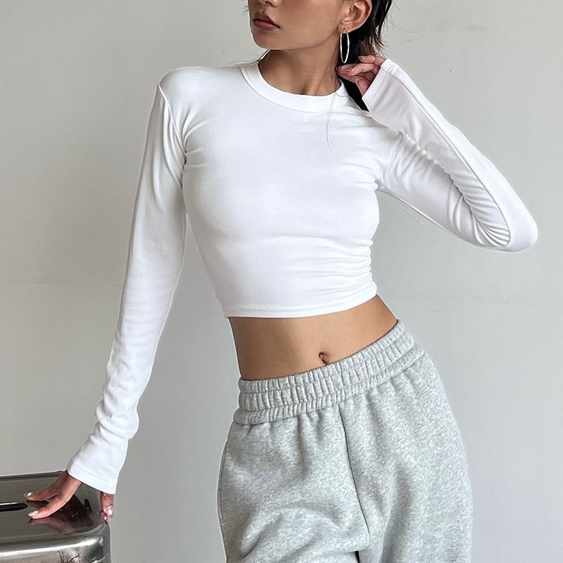 Hopsi - Lange mouwen mockneck / ronde hals effen cropped T-shirt