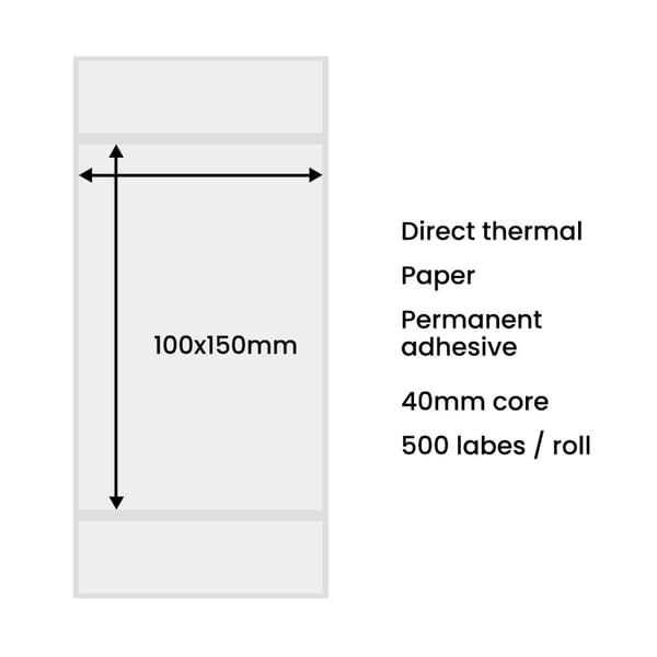 Adresseetiketter for pakker for termoprinter 100x150mm rull 500stk hvit